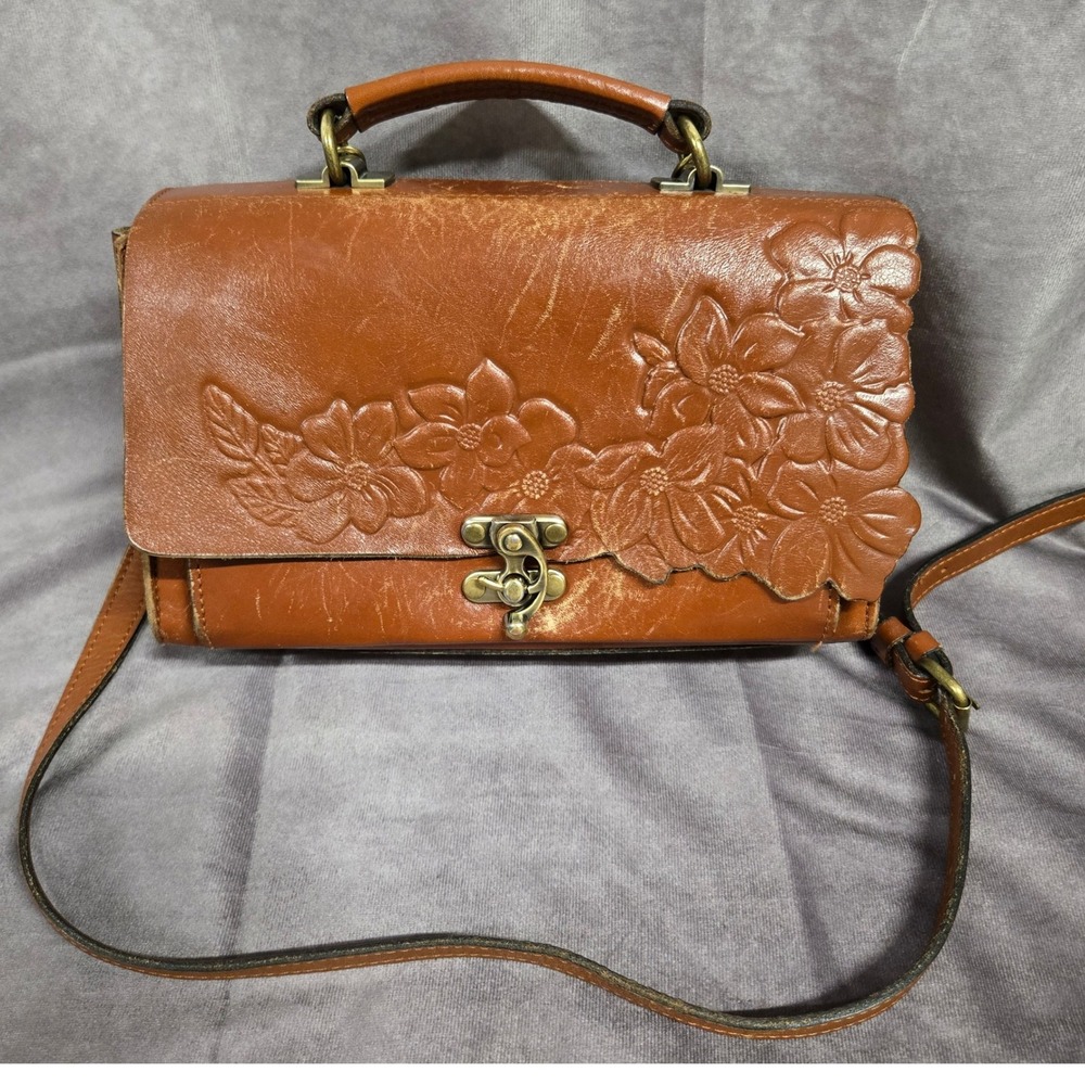 Patricia Nash Charonne Satchel Crossbody Bag Leather Floral Embossed Tan READ